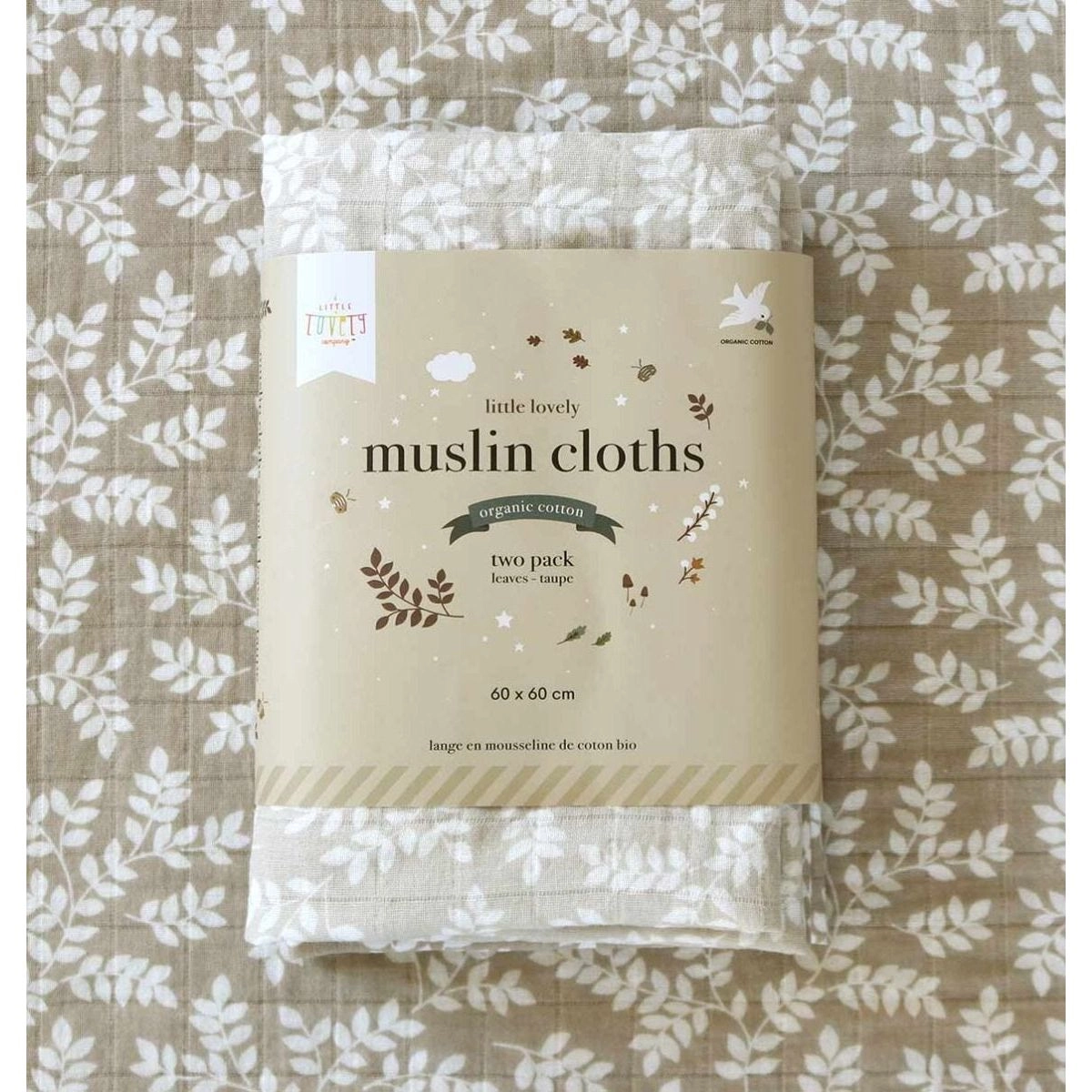 A Little Lovely Company Muslin Cloth Set of 2: Leaves - Taupe
