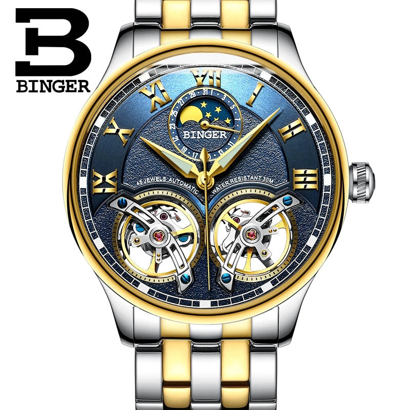 Binger Swiss Double Tourbillon Rugged Luxury Mechanical Watch Men B 8606 B