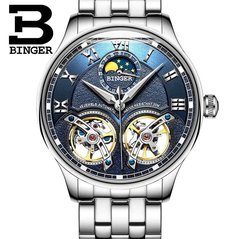 Binger Swiss Double Tourbillon Rugged Luxury Mechanical Watch Men B 8606 B