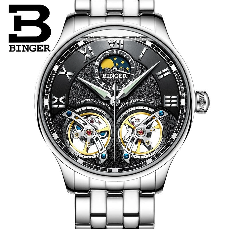 Binger Swiss Double Tourbillon Rugged Luxury Mechanical Watch Men B 8606 B