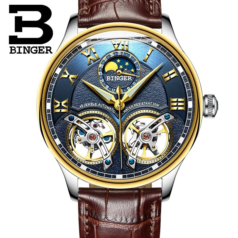 Binger Swiss Double Tourbillon Rugged Luxury Mechanical Watch Men B 8606 B