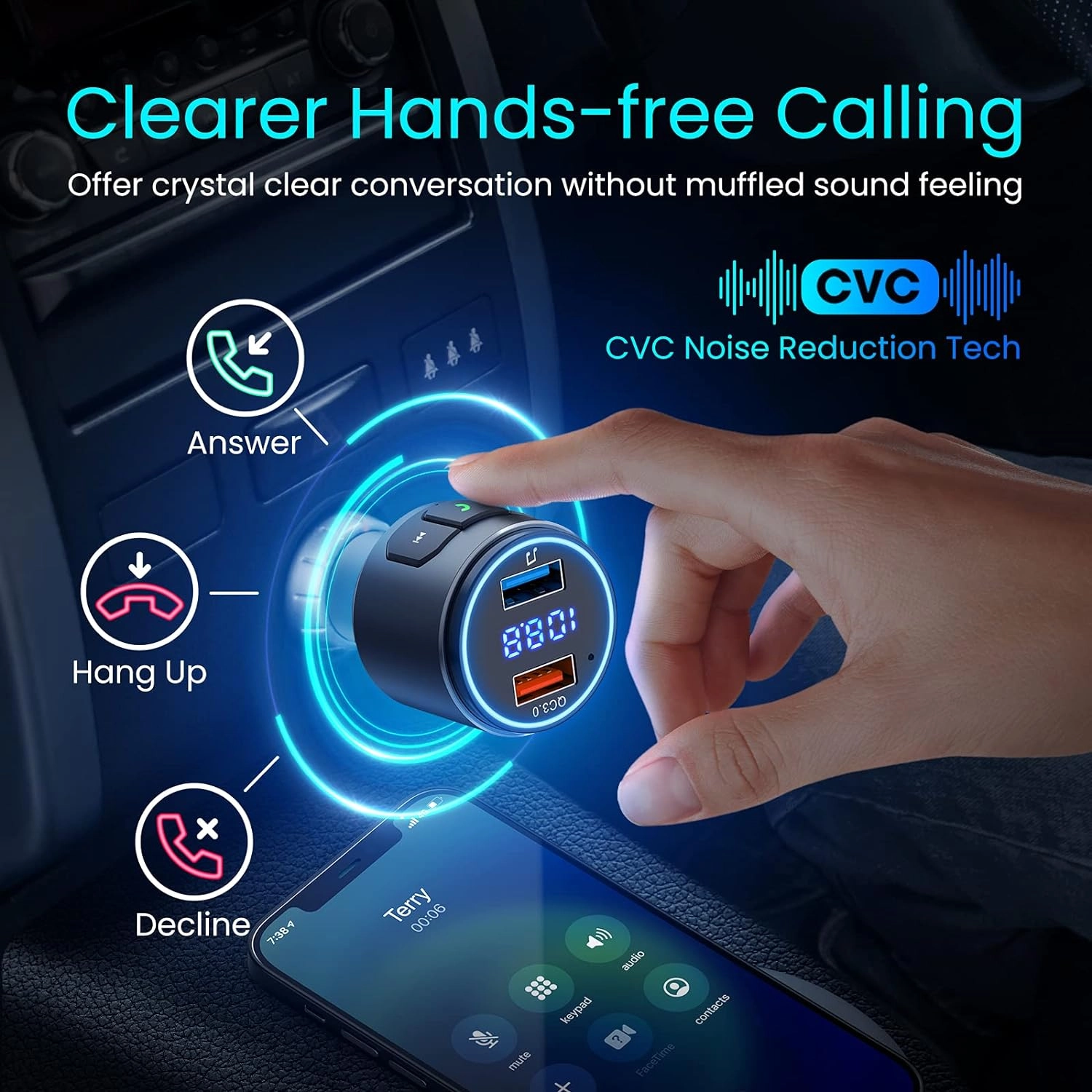 Bluetooth FM Transmitter Car, V5.0 Bluetooth Car Adapter with QC3.0 MP3 Player