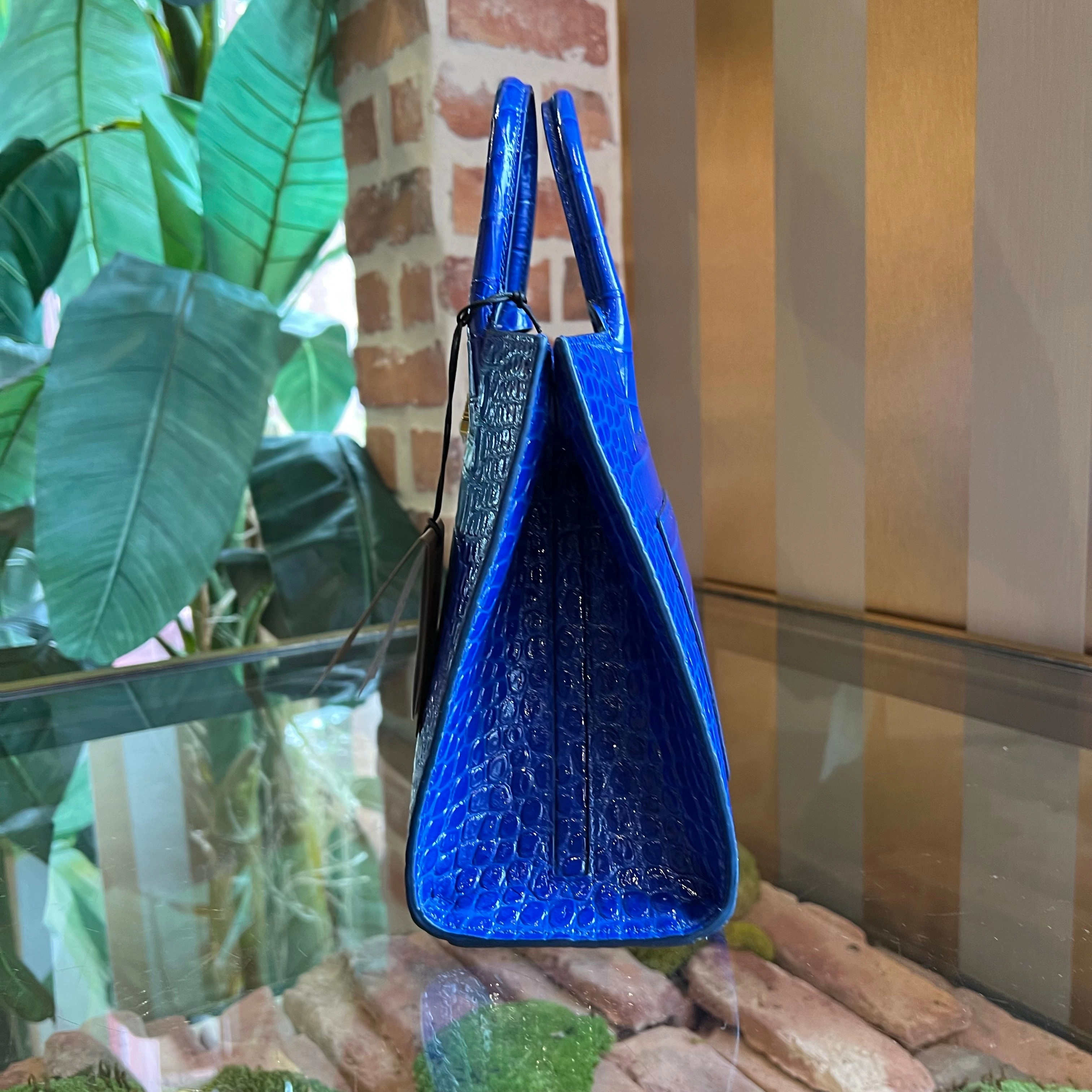 BURBERRY Frances Mini Knight Blue Croc Embossed Leather Tote Bag