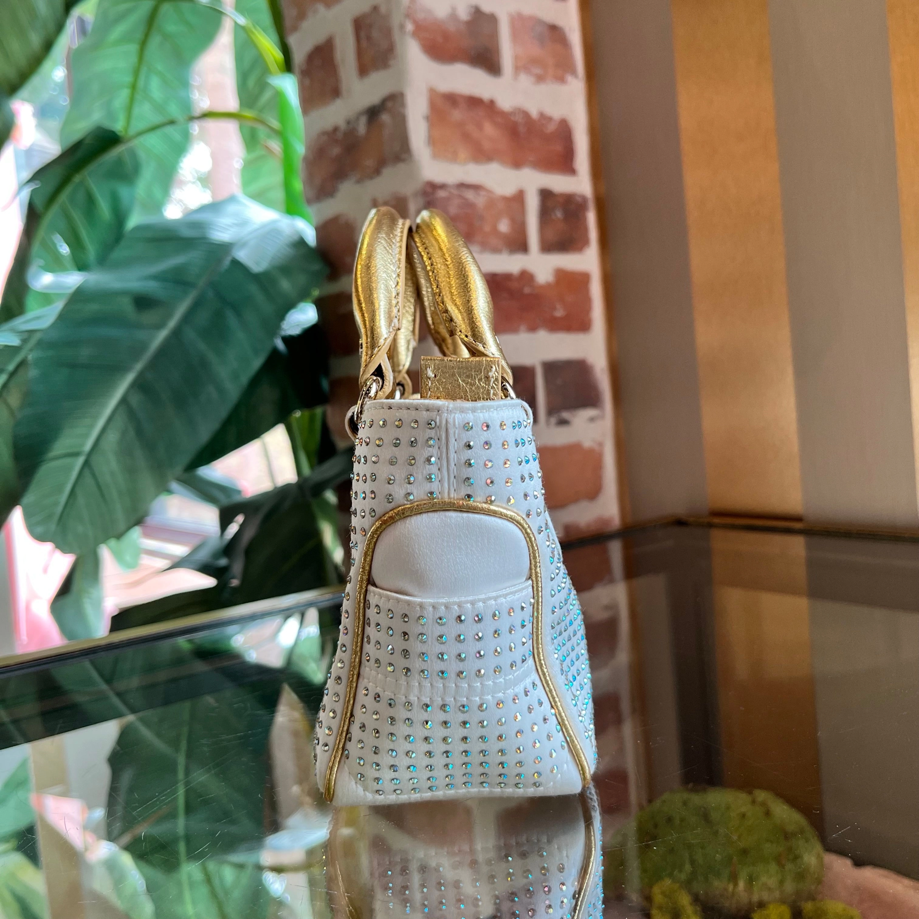 CELINE Boogie White Gold Crystal Embellished Satin Mini Top Handle Bag