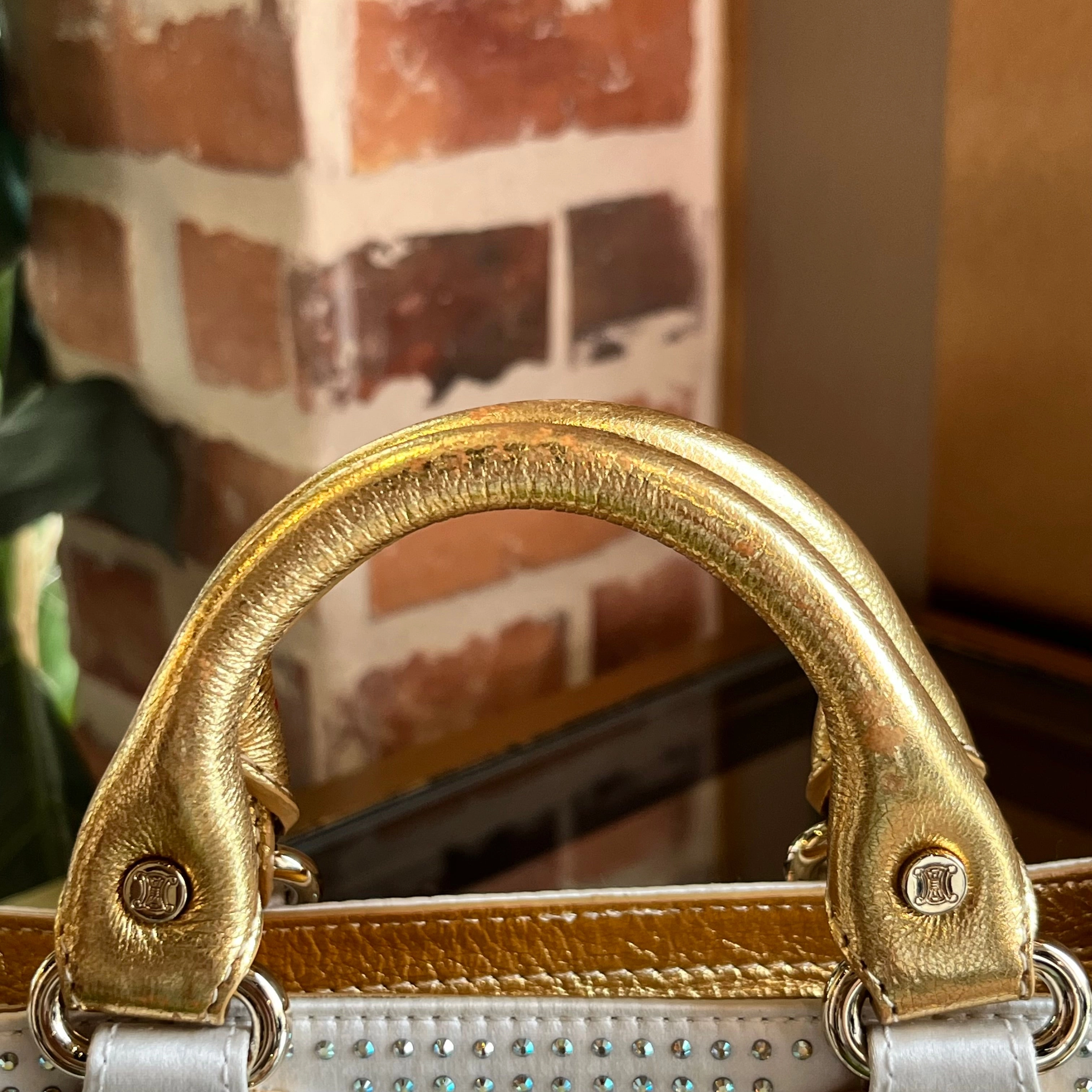 CELINE Boogie White Gold Crystal Embellished Satin Mini Top Handle Bag