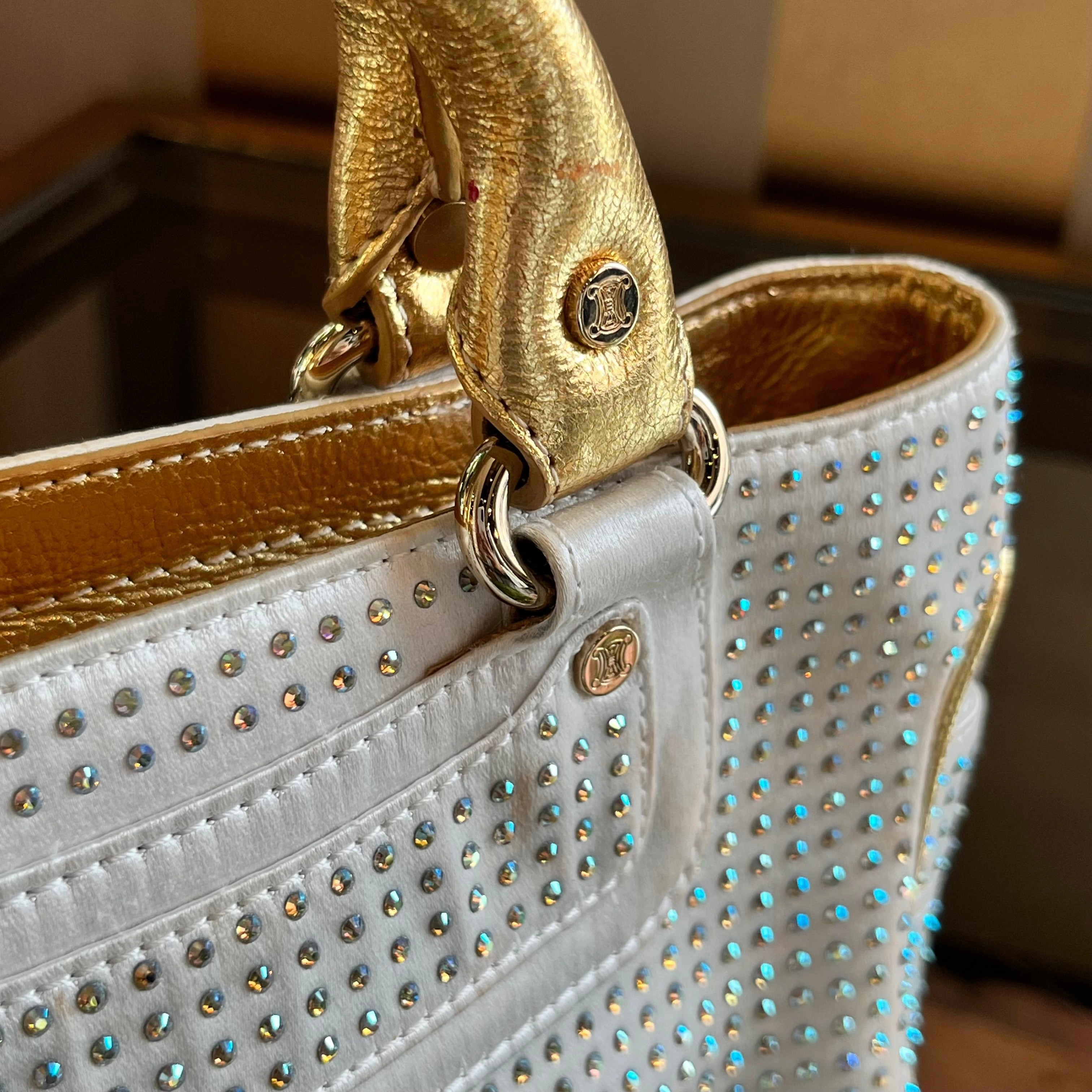 CELINE Boogie White Gold Crystal Embellished Satin Mini Top Handle Bag