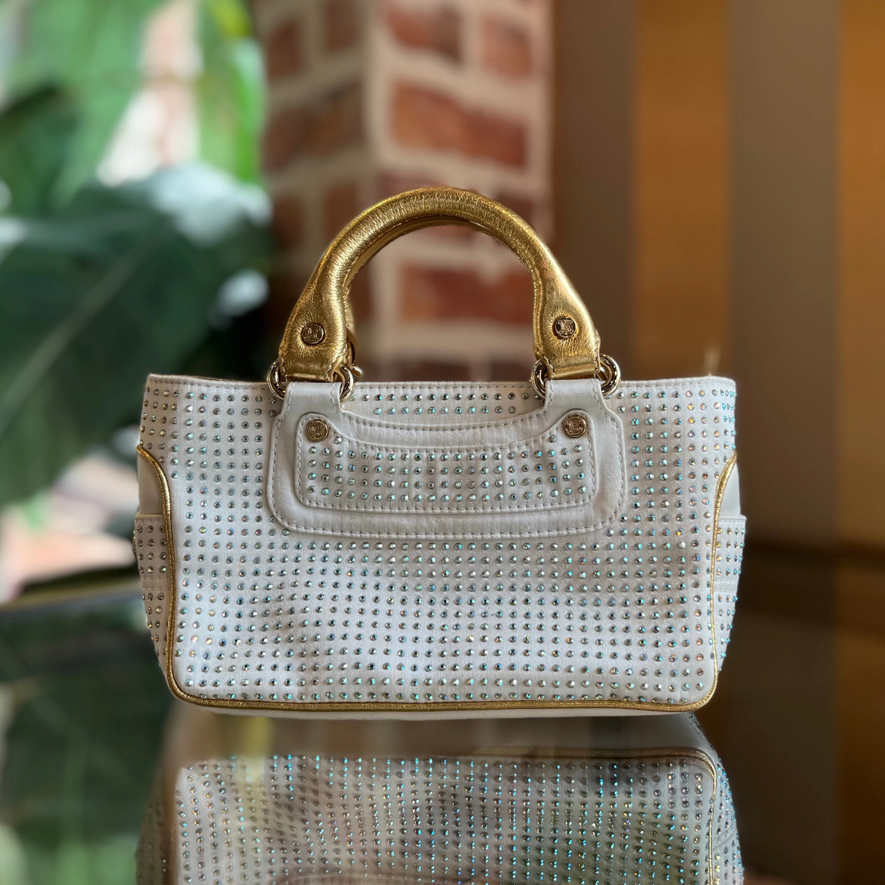 CELINE Boogie White Gold Crystal Embellished Satin Mini Top Handle Bag