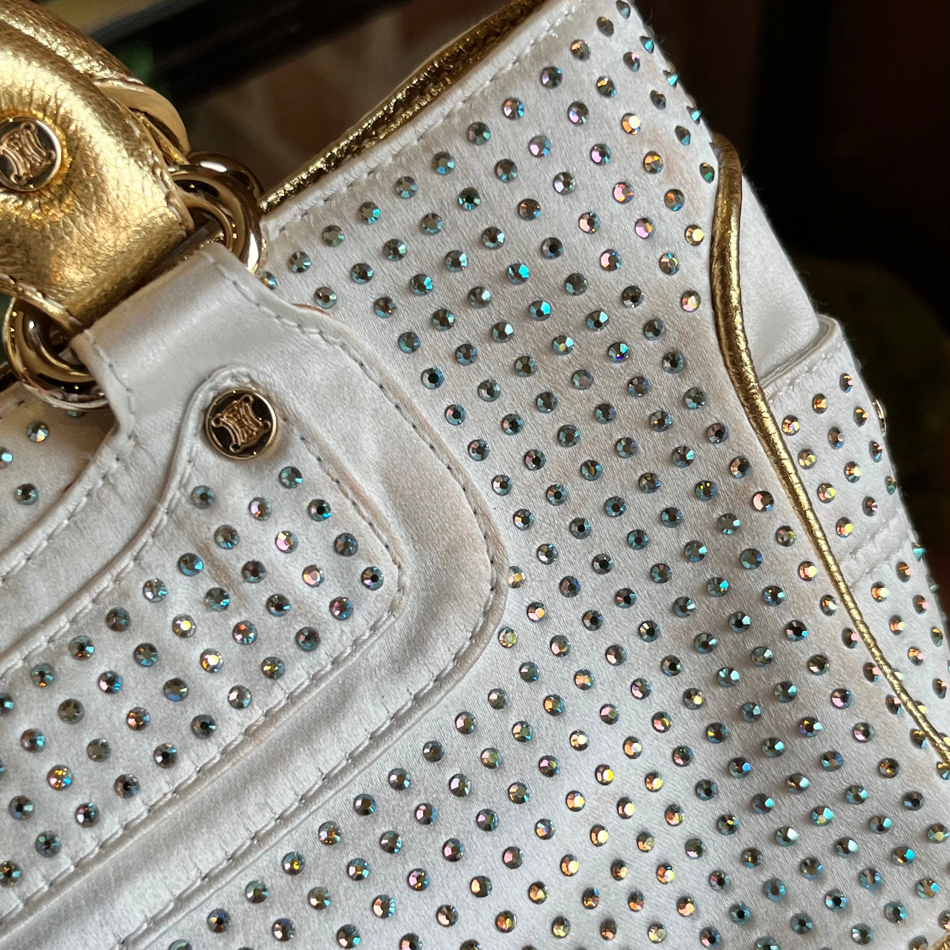 CELINE Boogie White Gold Crystal Embellished Satin Mini Top Handle Bag