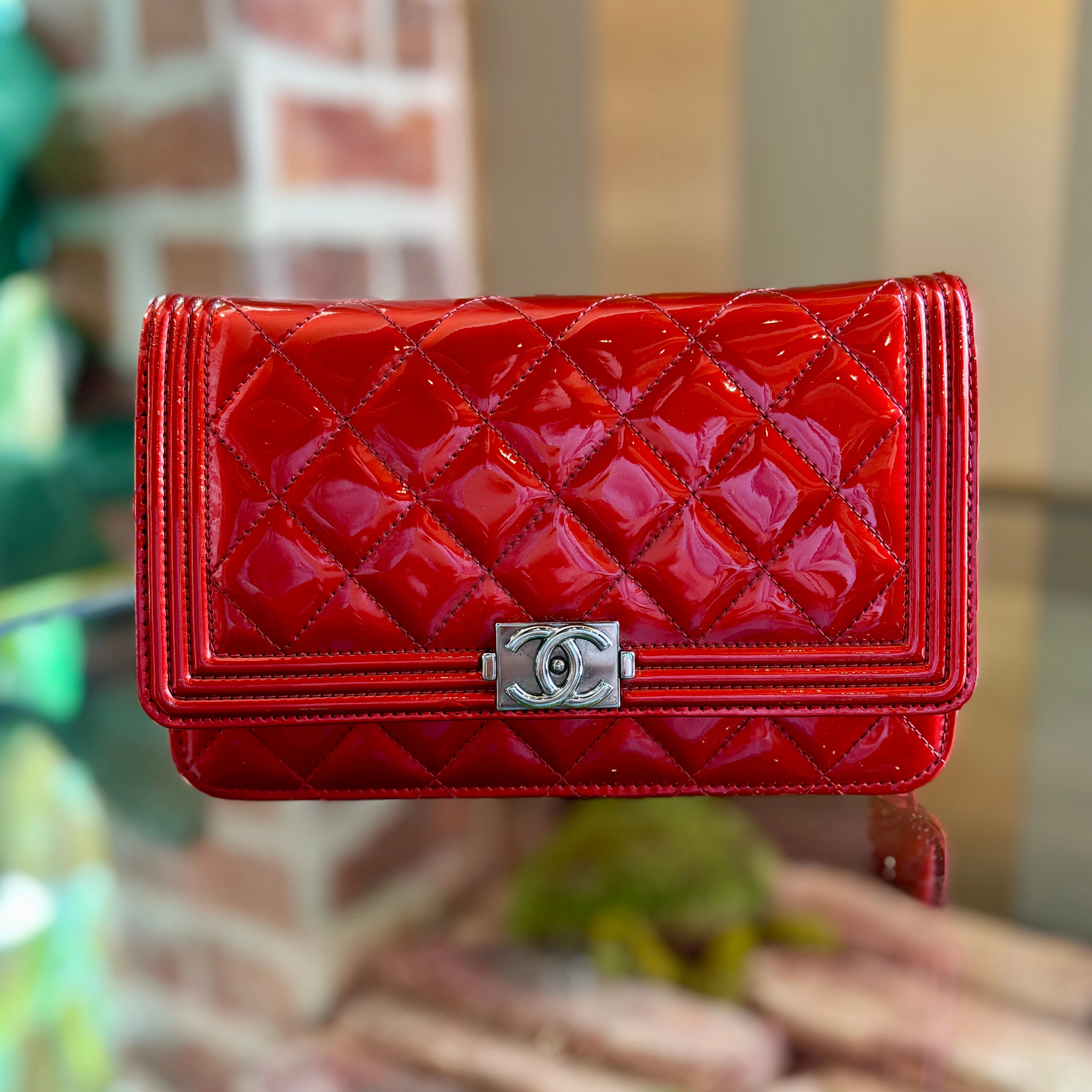 CHANEL Boy Red Patent Leather Wallet On Chain ADI1168