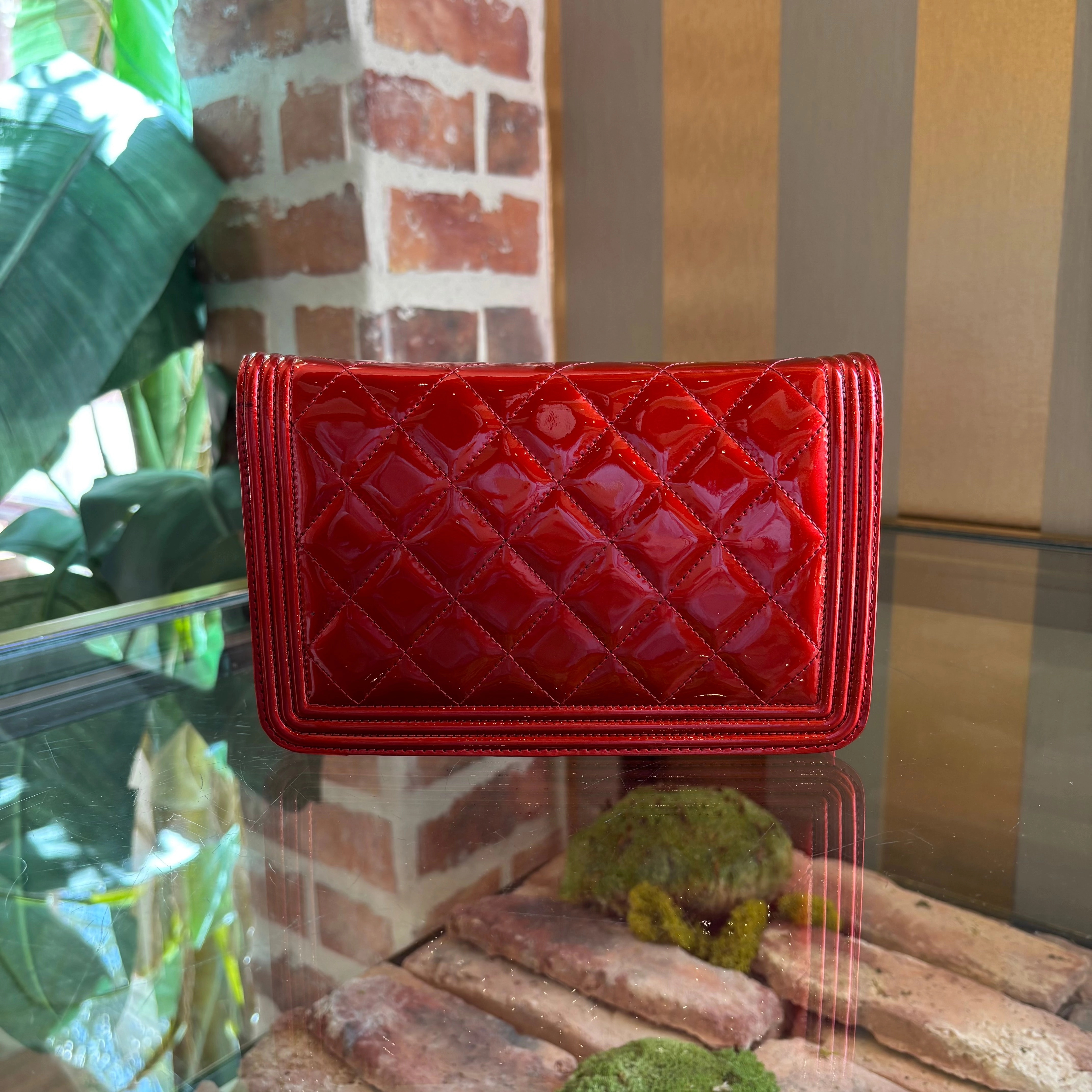 CHANEL Boy Red Patent Leather Wallet On Chain ADI1168