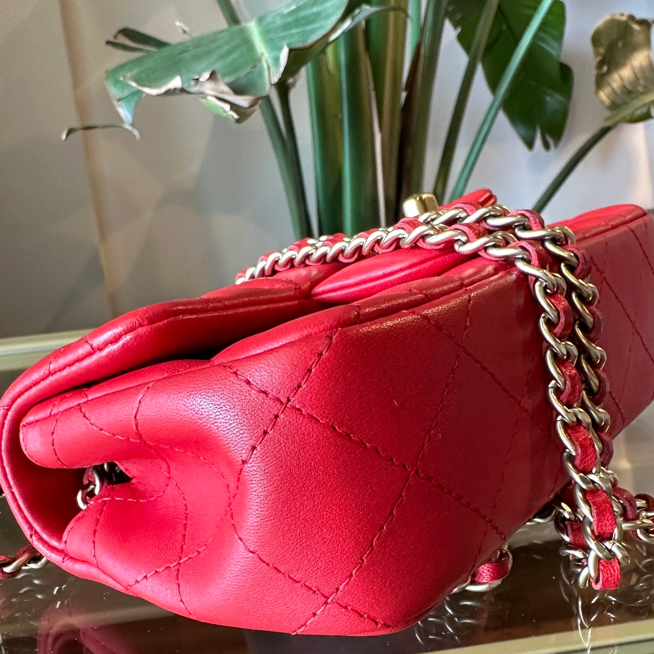 CHANEL Red Lambskin Mini Rectangle Shoulder Bag