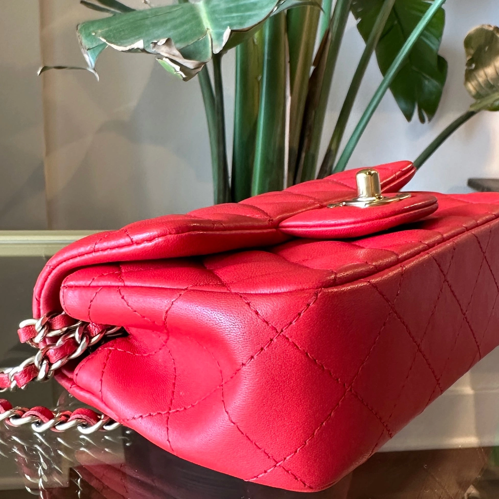 CHANEL Red Lambskin Mini Rectangle Shoulder Bag