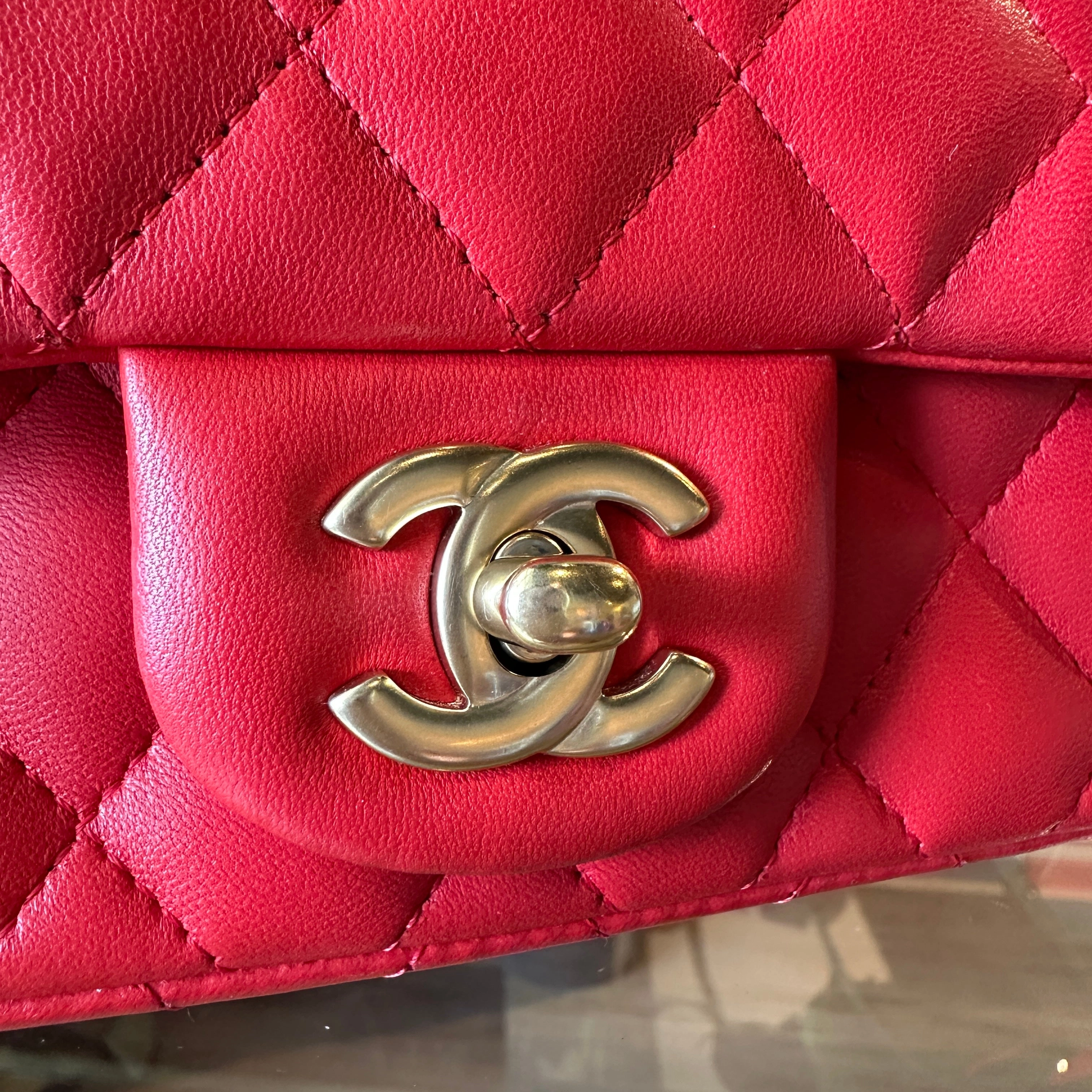 CHANEL Red Lambskin Mini Rectangle Shoulder Bag