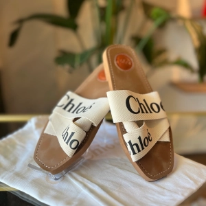 CHLOE Woody Flat Logo Ribbon Slide Sandals 37