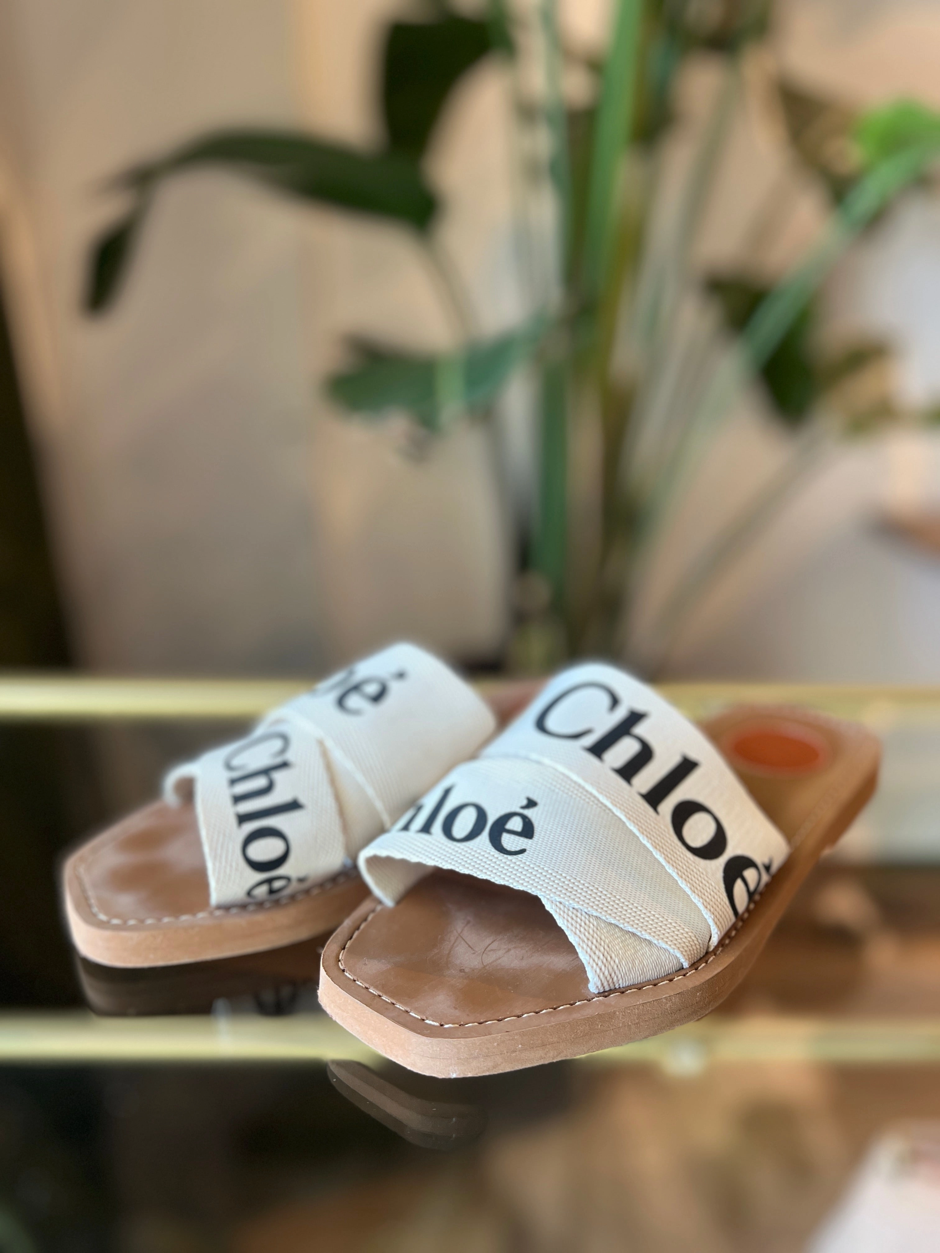 CHLOE Woody Flat Logo Ribbon Slide Sandals 37