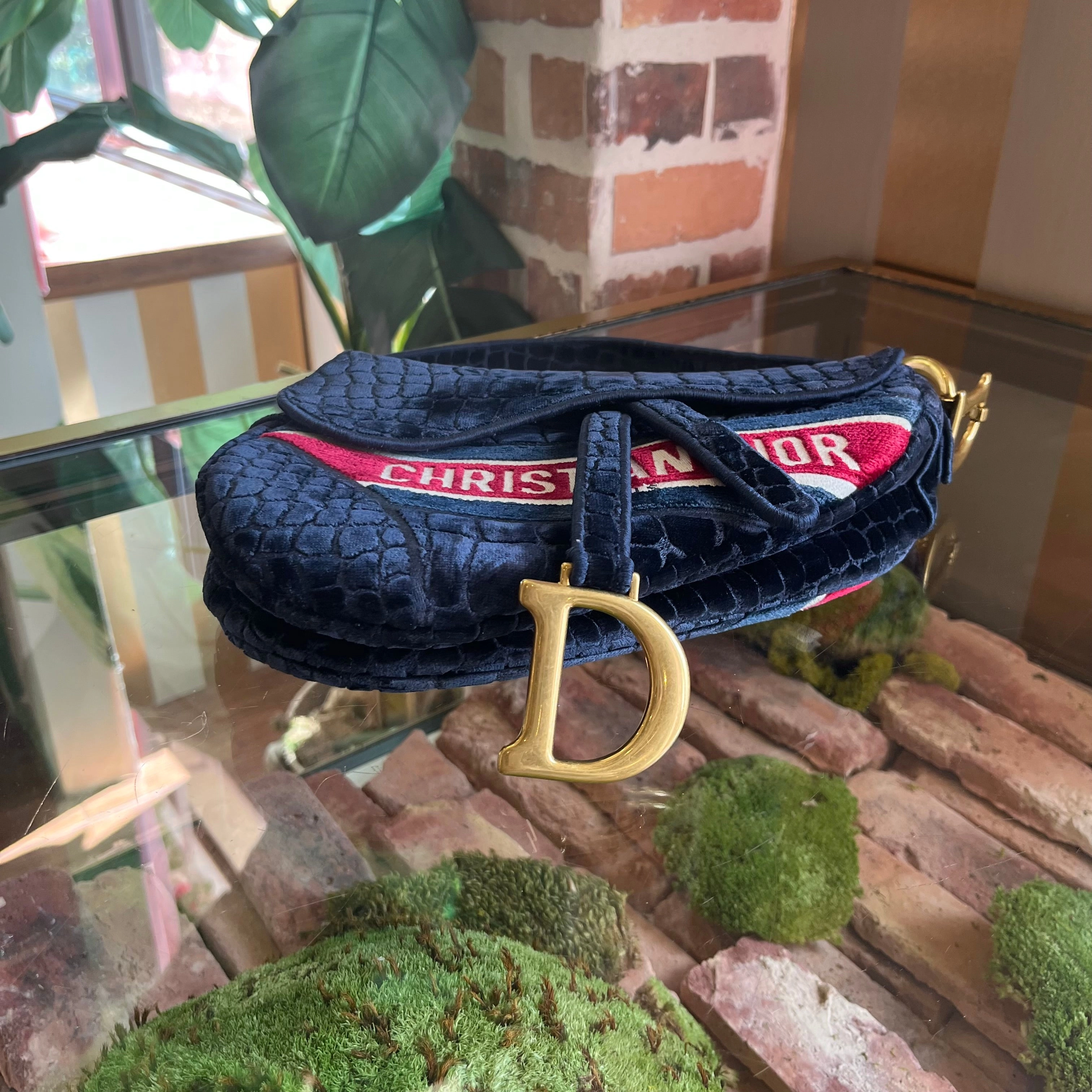 DIOR Saddle Navy Blue Velvet Shoulder Bag
