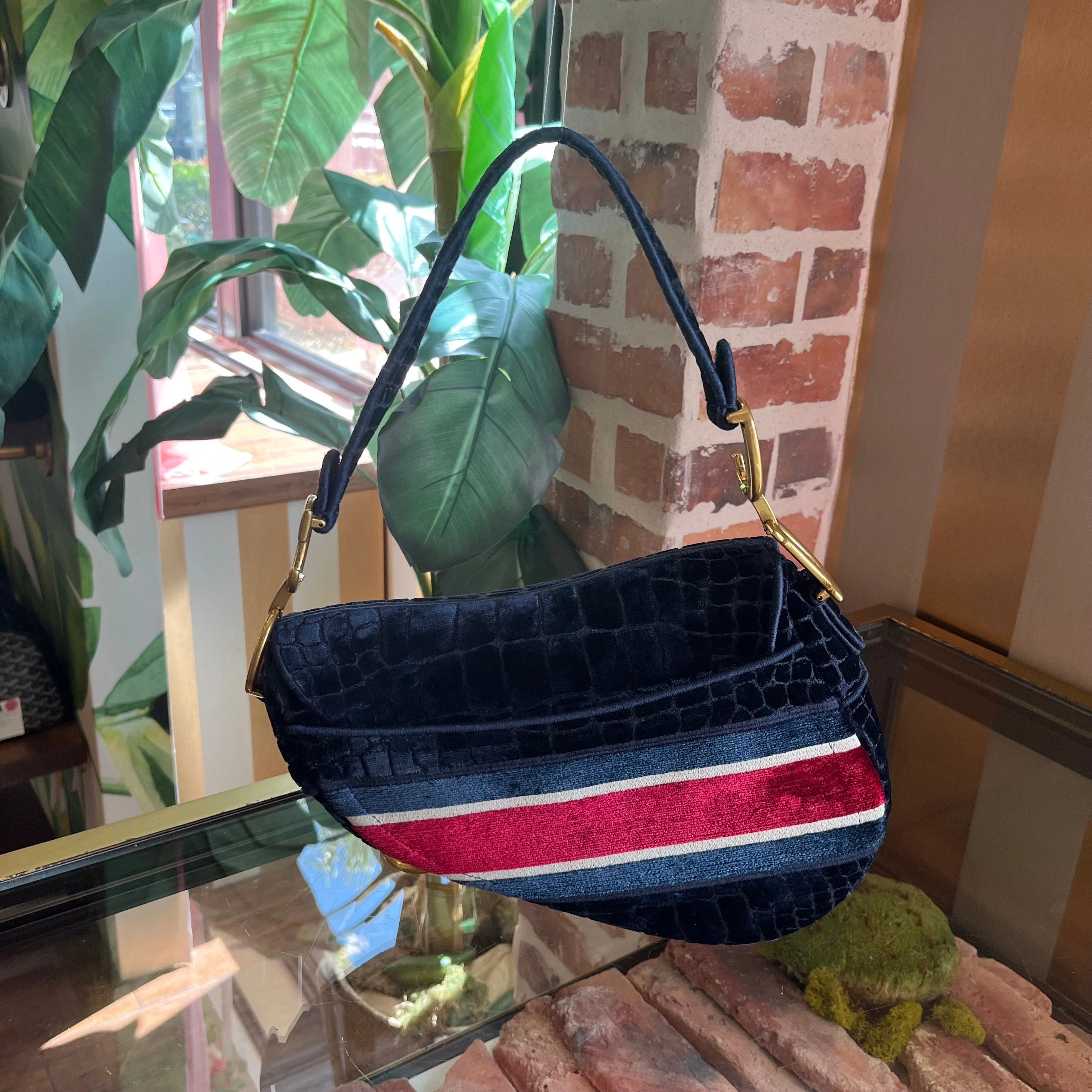 DIOR Saddle Navy Blue Velvet Shoulder Bag