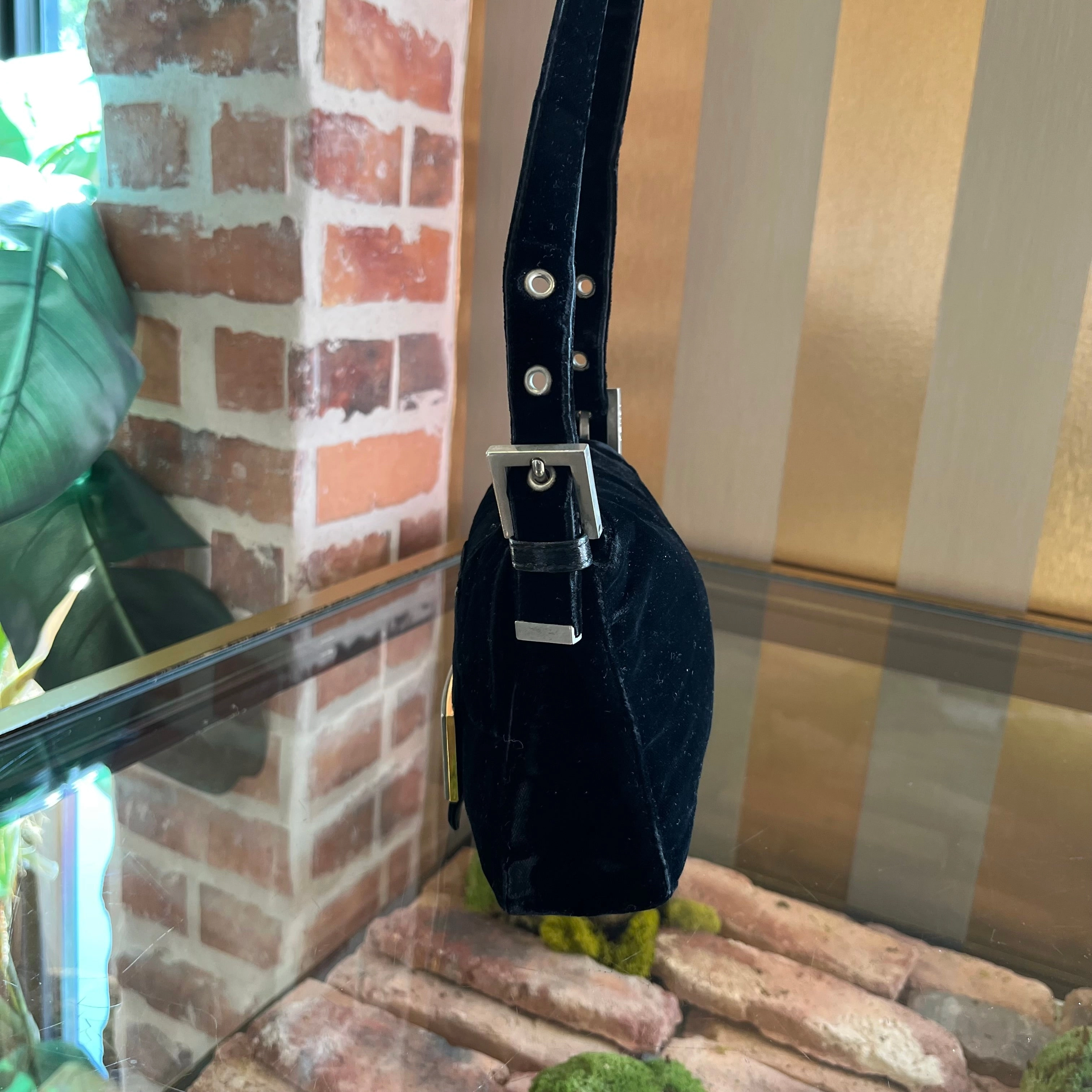 FENDI Mini Black Velvet Baguette Shoulder Bag