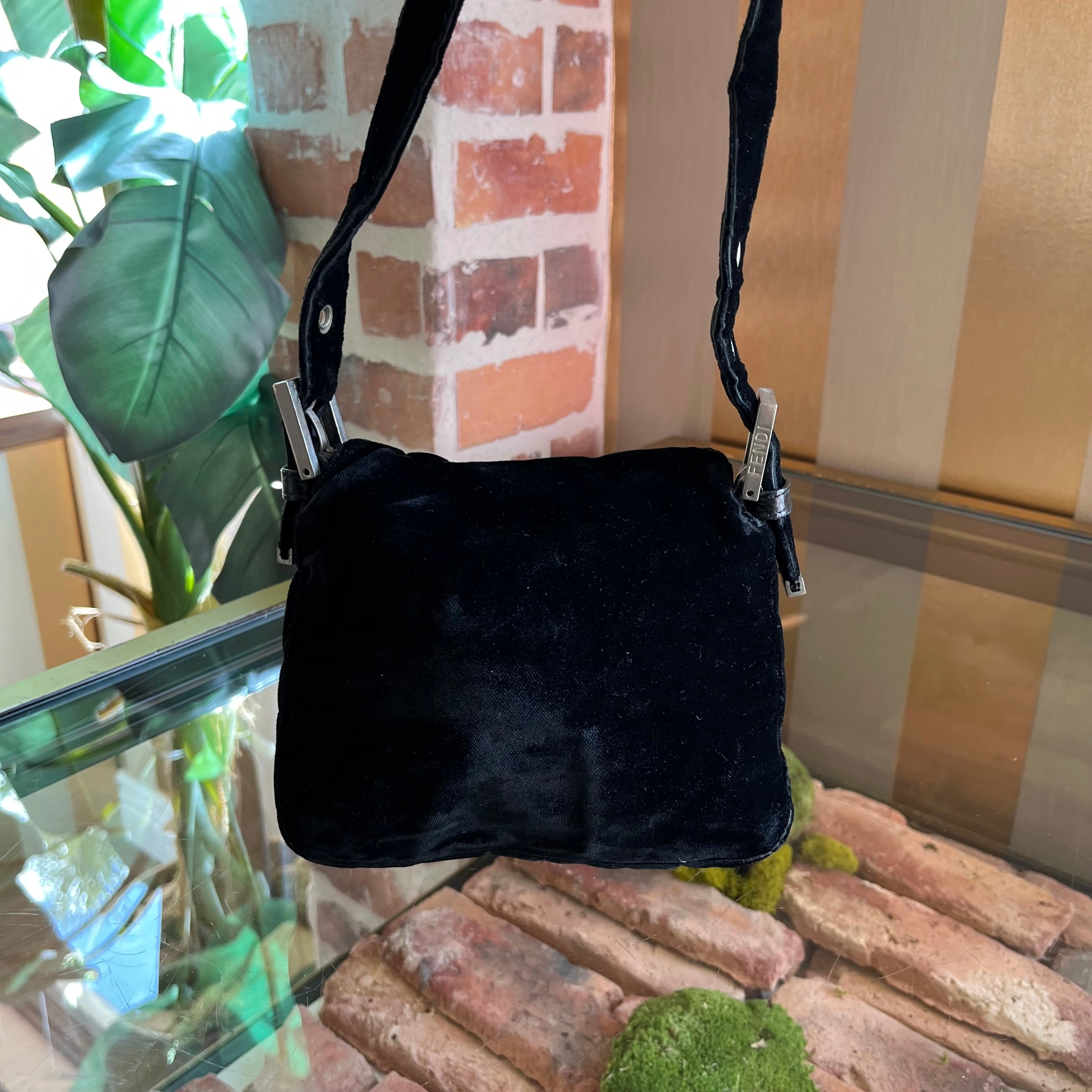 FENDI Mini Black Velvet Baguette Shoulder Bag