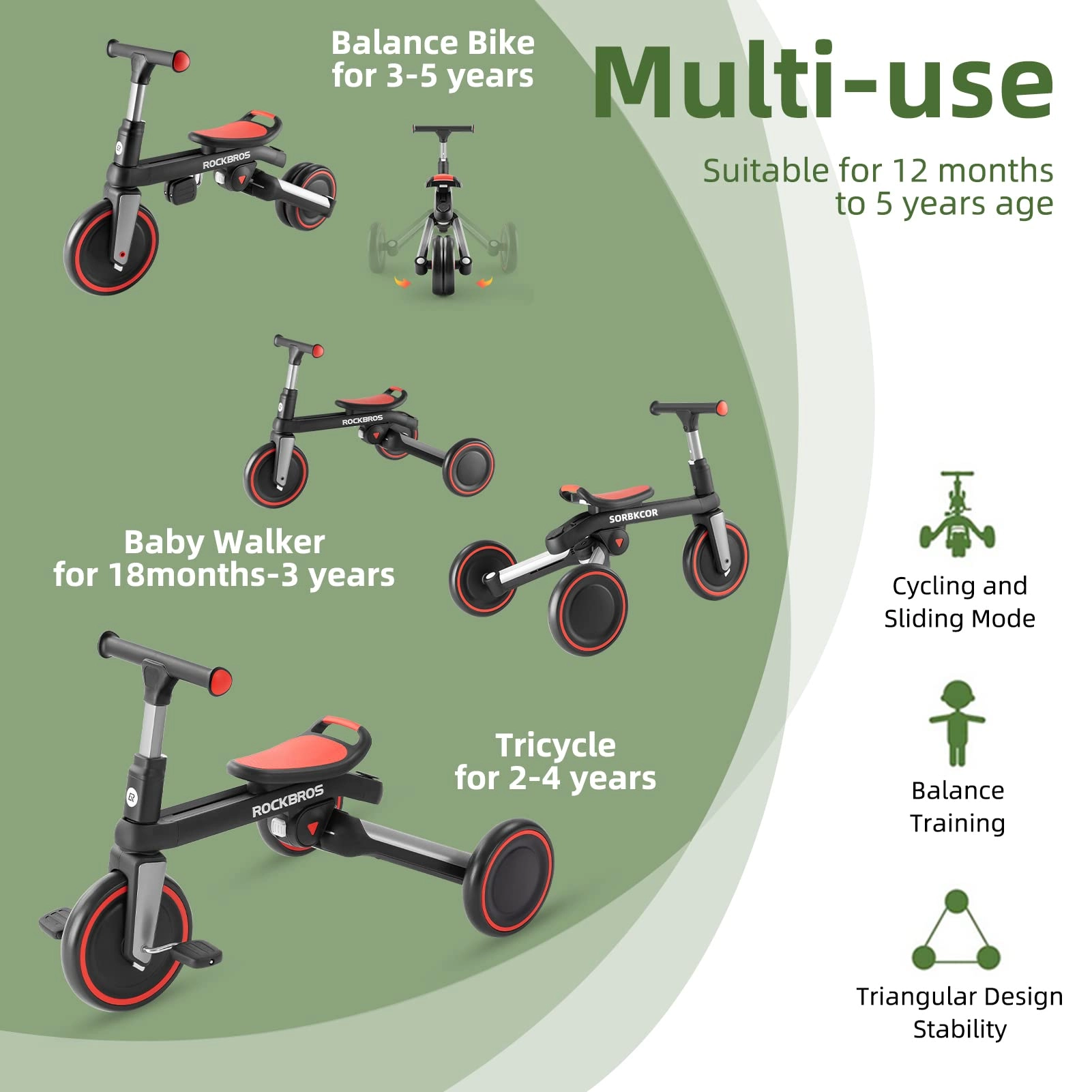 ROCKBROS 3-in-1 Kids Tricycle with Adjustable Seat and Removable Pedals