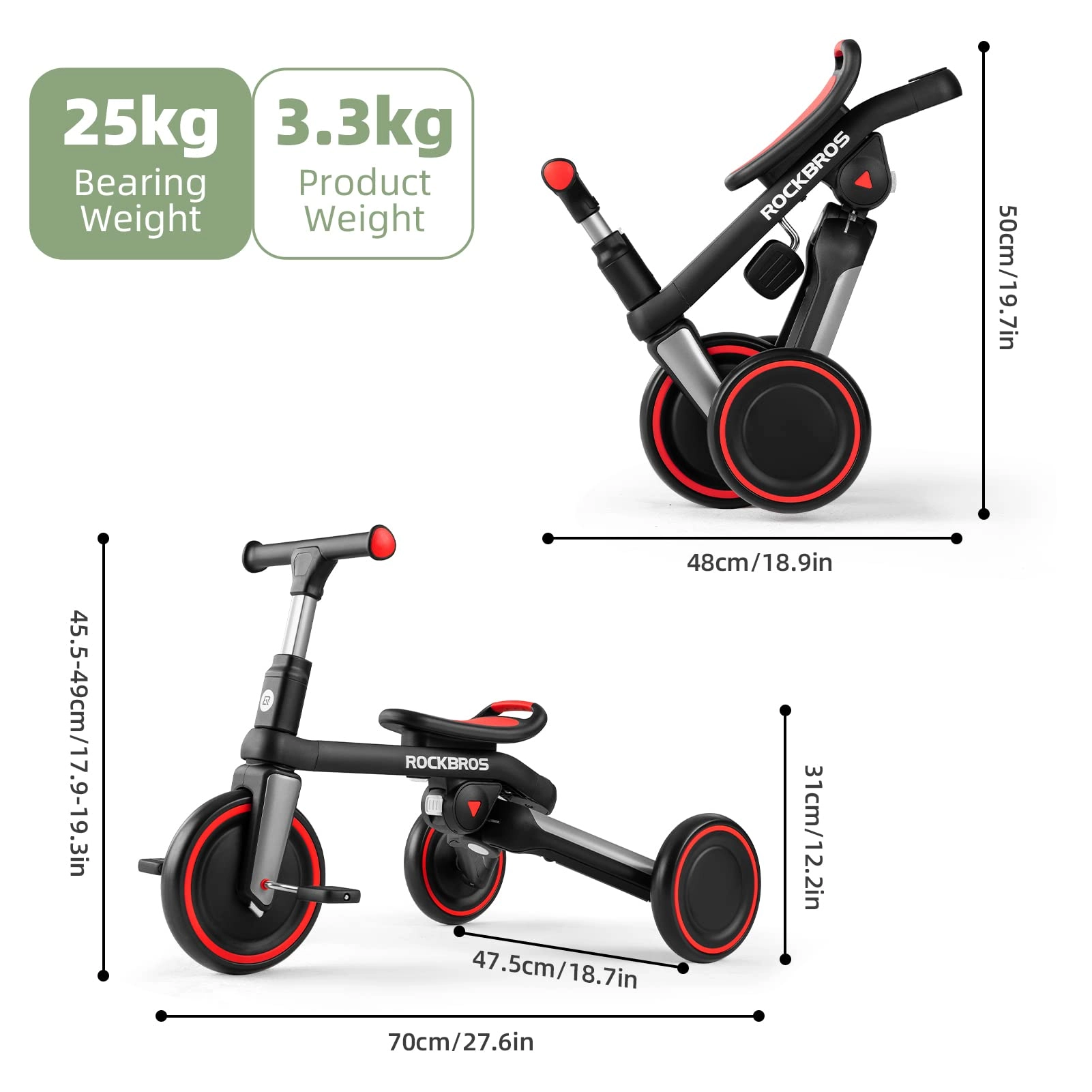 ROCKBROS 3-in-1 Kids Tricycle with Adjustable Seat and Removable Pedals