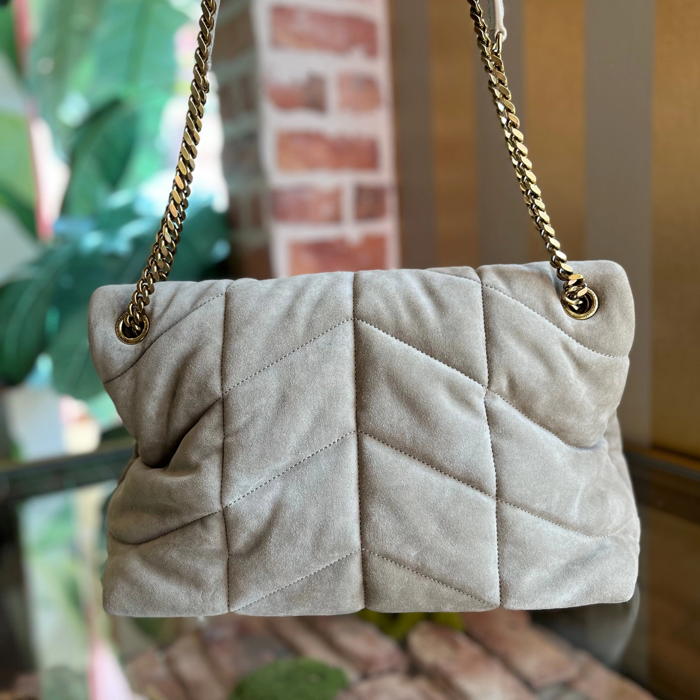 SAINT LAURENT Lou Puffer Medium Matte Gold Quilted Suede Crossbody Bag