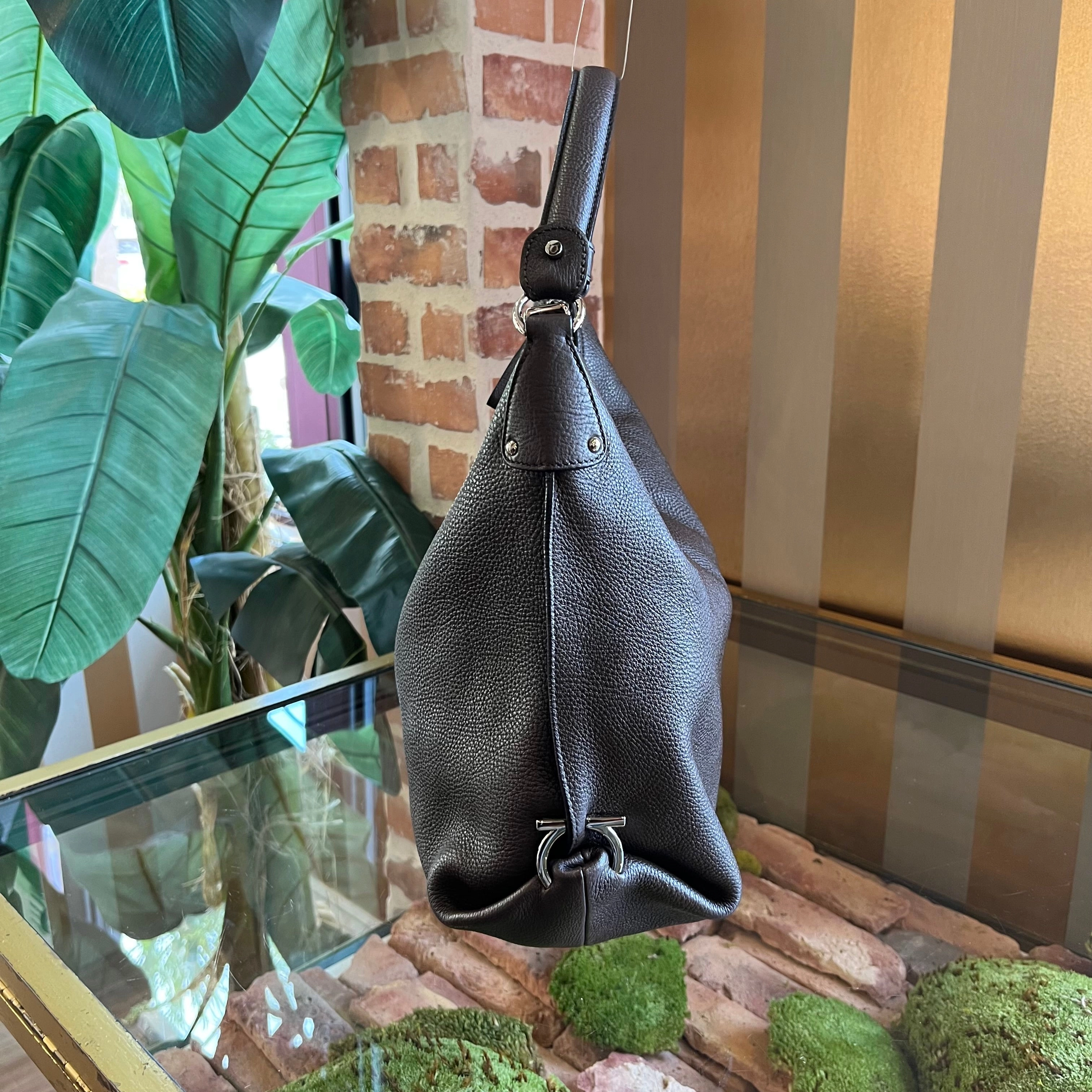 SALVATORE FERRAGAMO Fansia Large Brown Pebbled Calfskin Hobo Bag