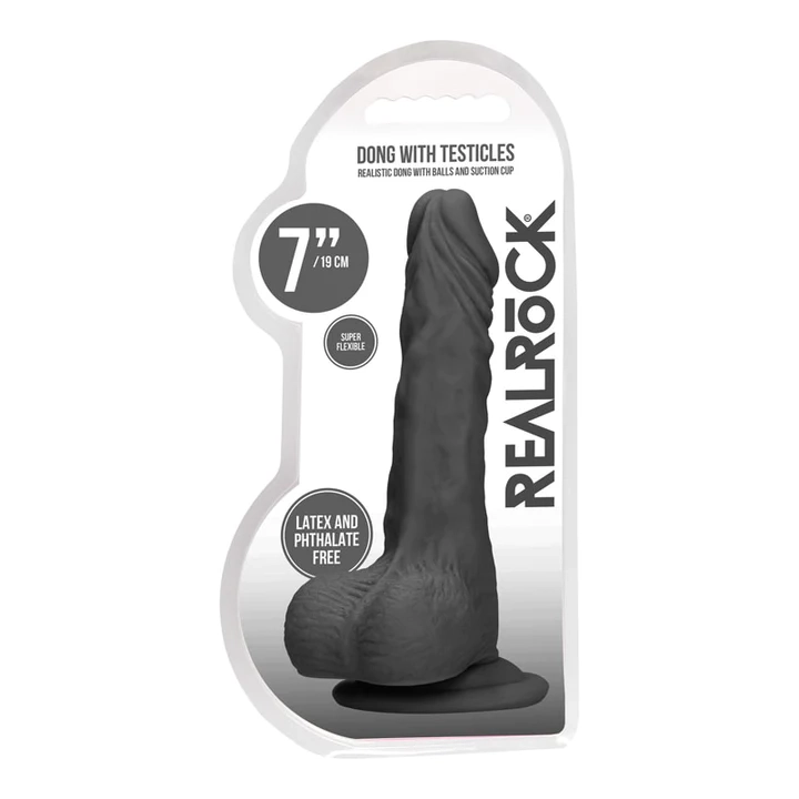Shots Real Rock Skin Dong With Balls 7 Inch - Black