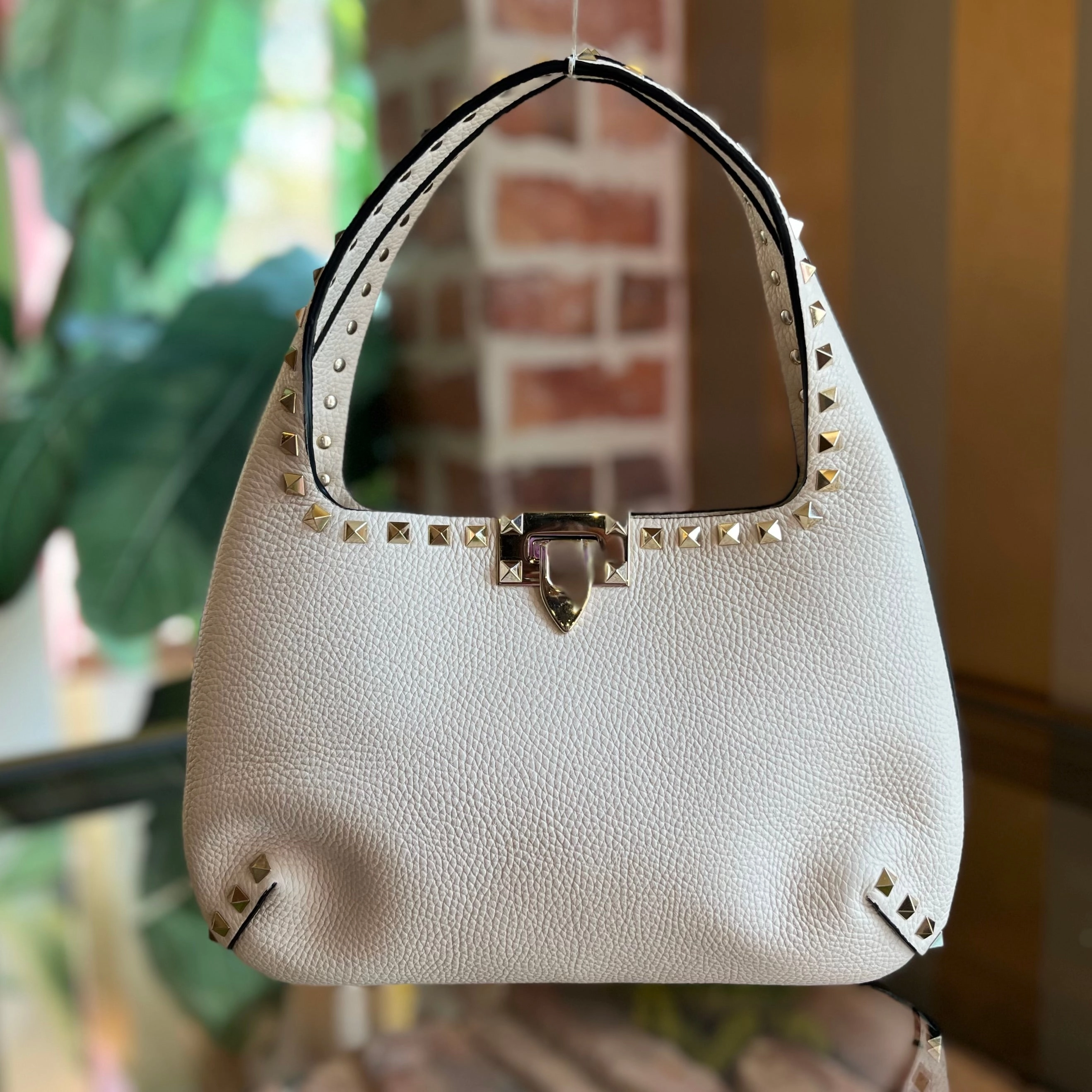 VALENTINO Rockstud Flip Lock Small Pebbled Calfskin Hobo