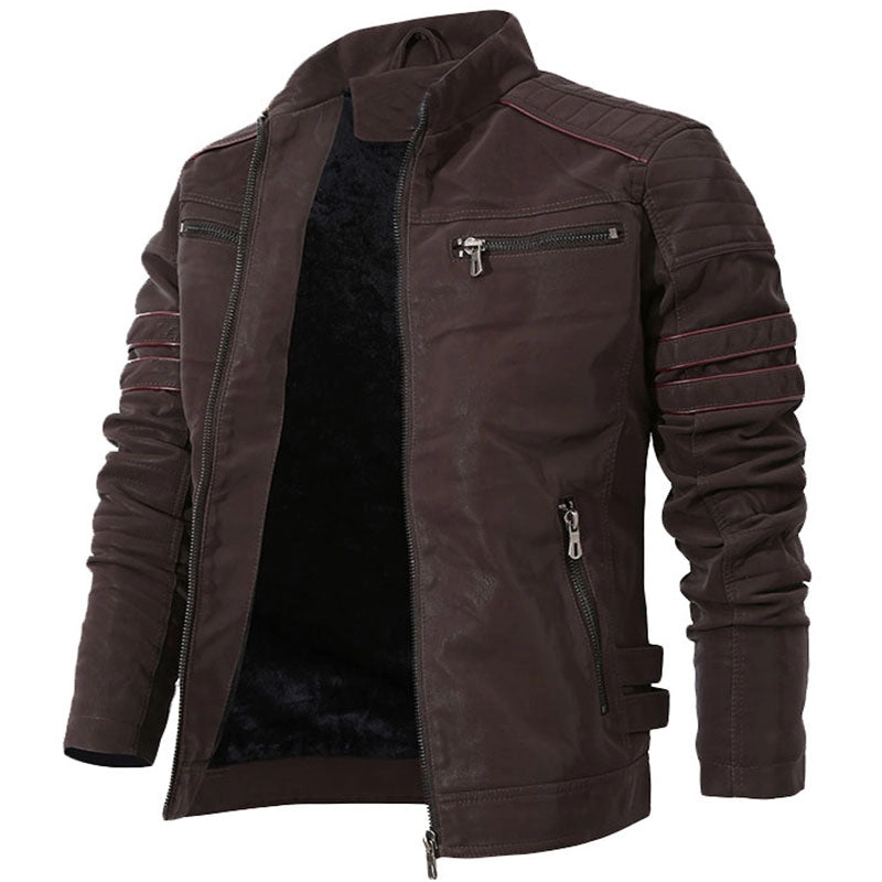 West Louis™ Stand Collar Motorcycle Washed Velour Leather Jacket