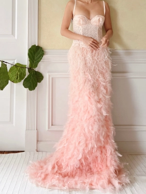 Y2K Soft Peach Feather Skirt - XS